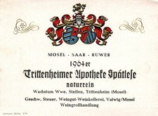 German Wine Label 1960s 1964er Mosel Saar Ruwer Trittenheimer Apotheke Vintage