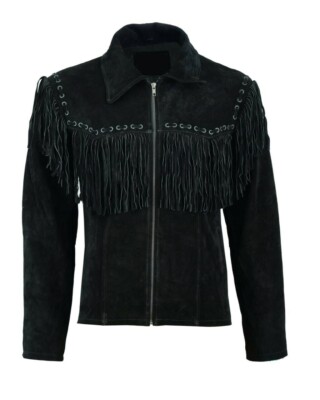 Zayn Leather Herren Schwarz Wildleder Leder Cowboy Western Jacke mit Fransen ...