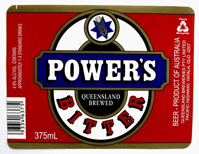 Queensland Breweries Pty Ltd POWER'S BITTER beer label AUSTRALIA 375ml ...