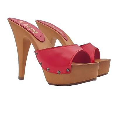 KIARA SHOES Damen Zoccoli Rot Leder Blockabsatz 13 cm -Made in Italy - K93001