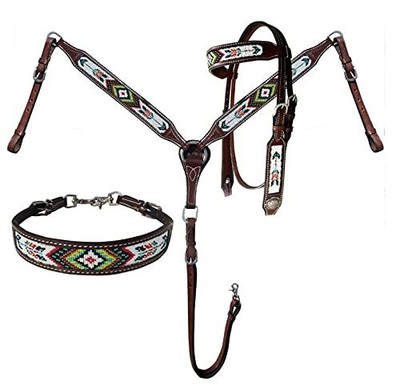 Showman Leather Headstall & Breast Collar Set w/ Beaded Southwest Arrow Design