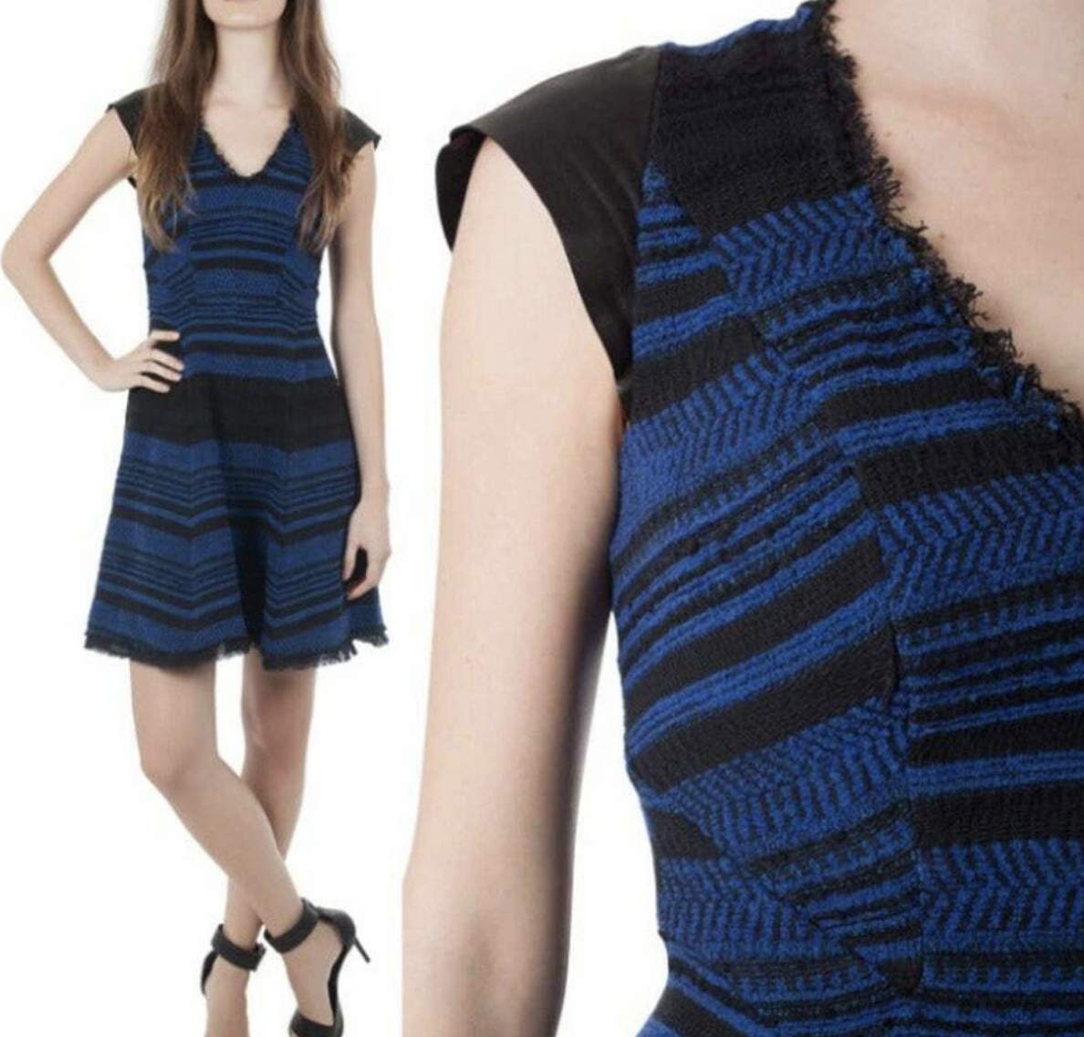Rebecca Taylor Size 4 Stripe Tweed Fit & Flare Dress Blue Black Wool Leather | eBay Rebecca Taylor Size 4 Stripe Tweed Fit & Flare Dress Blue Black Wool Leather | eBay