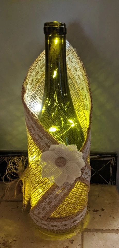 LED indoor/ outdoor wine bottle with Custom Burlap decor - Image 3 of 4