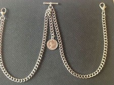 Dbl Albert pocket watch chain with a "Lucky"ER II sixpence,silver colour 4 sizes