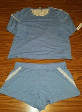 NWT $58 Jane & Bleecker Heather Blue w/CROCHET Knit Top/SHORTS Pajama/Lounge Set