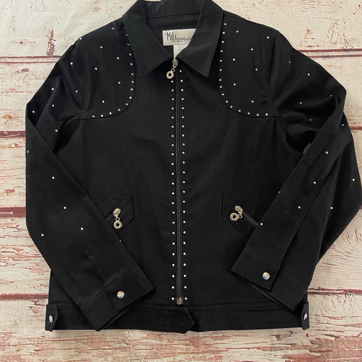 Vintage Mili Designs Women's Jacket Small Black Rhinestone Button