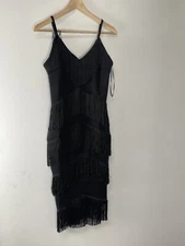 Body Flirt Dress Womens Medium A Line Tasseled Ruffle Black Sleeveless N144