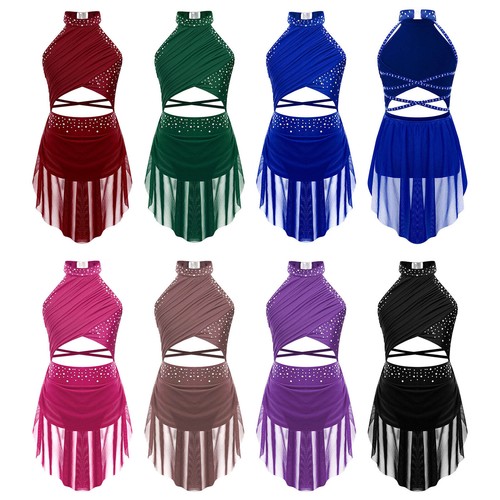 Girls Lyrical Modern Dance Dress Rhinestone Backless Leotard Ballroom AU - Picture 4 of 81