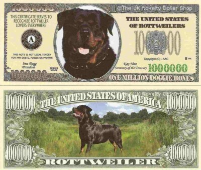 Rottweiler Hund Eine Million Dollar Scheine x 2 Neu Geschenk