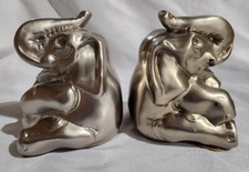 Vintage PM Craftsman Cast Silver Tone Metal Elephant Bookends Heavy Set USA Made