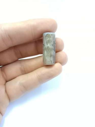 Antico Sigillo Cilindro Agata Bianca Rotolo Soldato Romano Intaglio Tubo Inciso - Foto 4 di 5