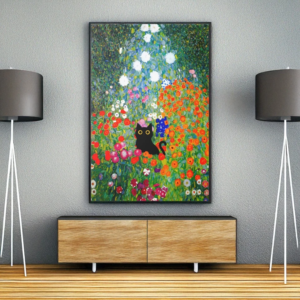 Gustav Klimt Garden Flowers Black Cat: Canvas Wall Art, Funny Framed Poster - Image 2 of 2
