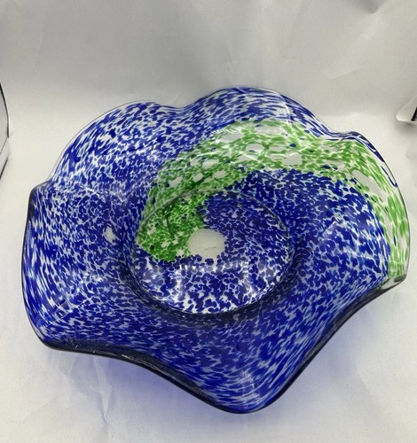 Blue Green Speckled Swirl Abstract Crimped Edge Large Art Glass Bowl 11" Ocean