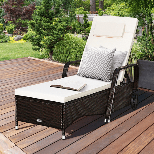 Cushioned Outdoor Wicker Chaise Lounge Chair w/ Wheel Adjustable Backrest - Picture 4 of 10