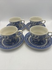 Blue Willow Tea Cups  Saucers Set of 4 Blue White China 1 Cup Cracked