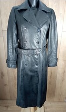 Vintage Hennes Black Leather Trench Coat  Size 40 UK 12 Double Breasted Belted 