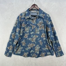 Vintage Victoria Jones Shirt Size XL Blue Floral Denim Western Pearl Snap Button