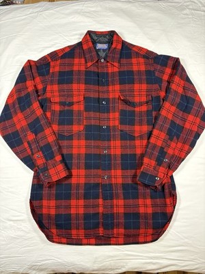 VTG 60s PENDLETON Board Shirt Red Black Plaid WOOL Loop Collar Large (16) MINT