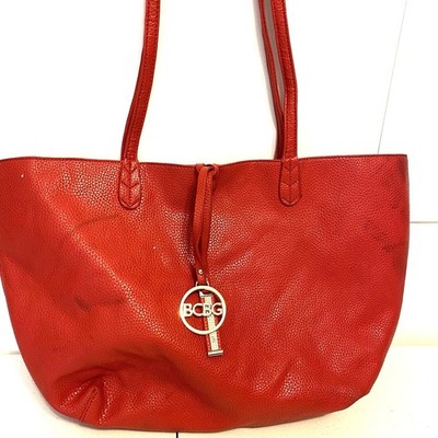 BCBG Red Leather Shoulder ToteBag Beach Travel Y2K 2000s GoldTone Logo Chic Boho