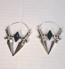 Double Dagger Black CZ Gem Stainless Steel Plug Hoops Earrings Pair (2 Pieces) 