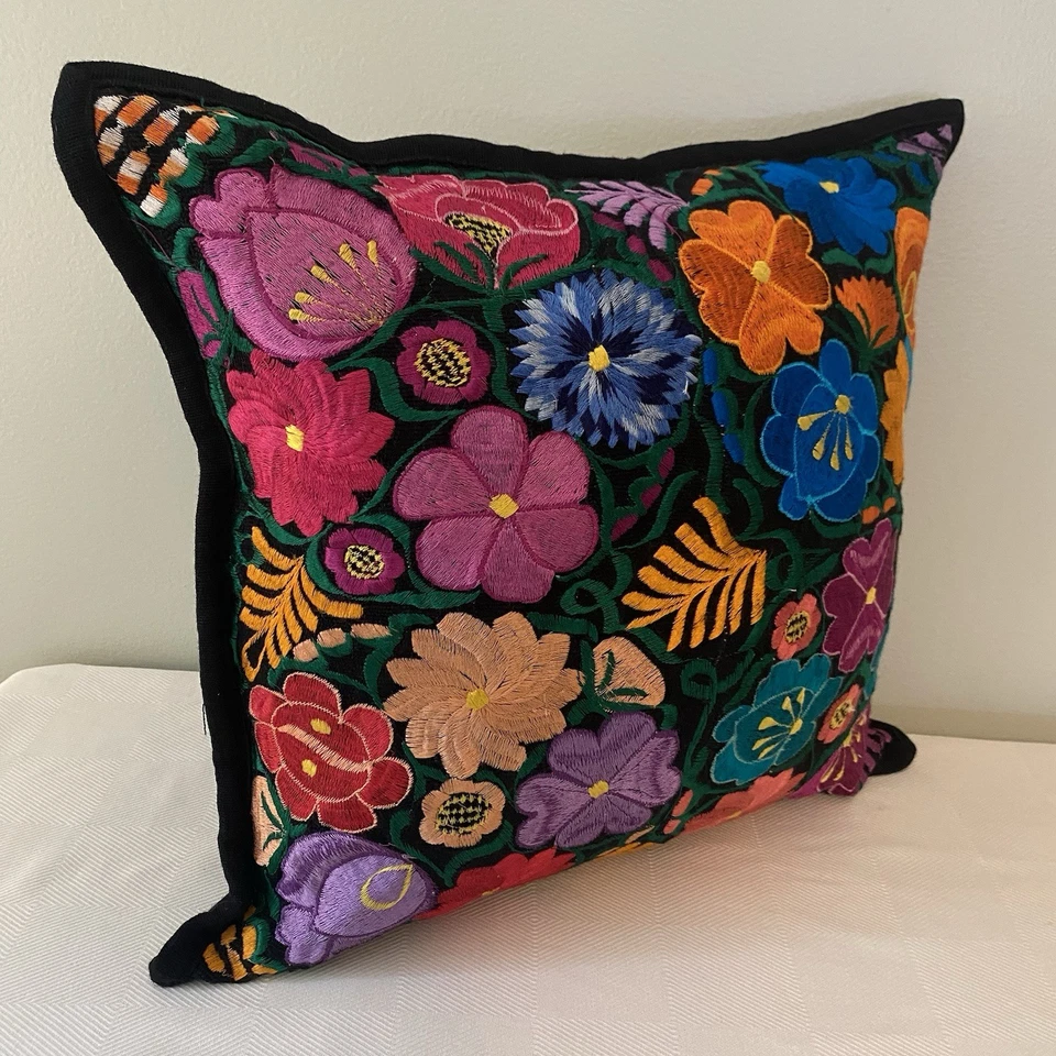 Mexican Feather Pillow Chiapas Handmade Embroidered Floral Decorative Zipper 17” - Image 3 of 4