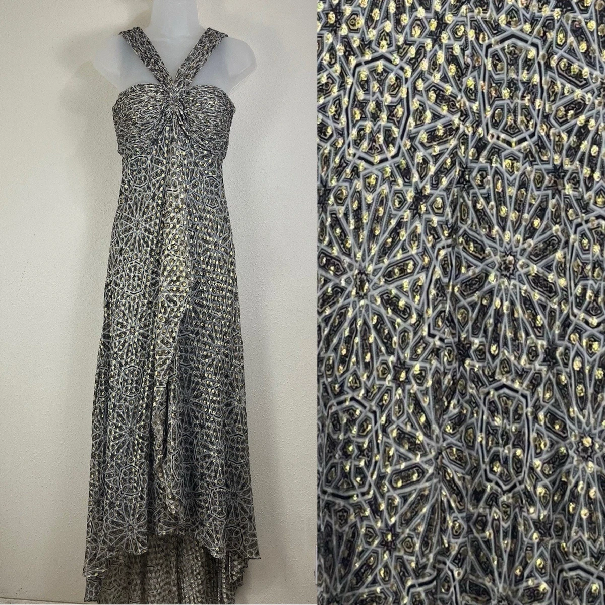chetta b metallic maxi dress Vintage Chetta B Size 6 Twisted Halter Maxi Silk Dress Gown Metallic Print Gown