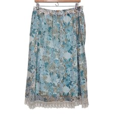 Vintage Floral Chiffon Midi Skirt Large Blue Lace Trim Boho Fairycore Romantic