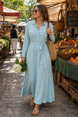 #ad Soft Surroundings Aqua Maxi Shirt Dress Tie Waist Long Sleeve Modal Blend TL EUC $36.99