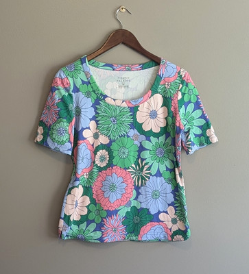 Talbots Womens MP Medium Petite Floral Tee Shirt Cotton Spandex Retro Mod Green