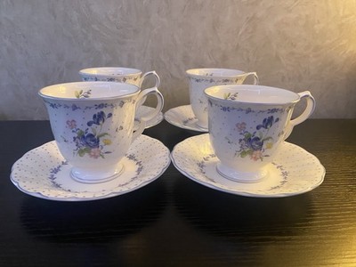 Vintage Nikko Blue Peony footed teacups and saucers set of 4 Made in Japan 