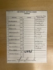6/18/99 Jerry Manuel White Sox Signed Game Used Lineup Umpire Card B361