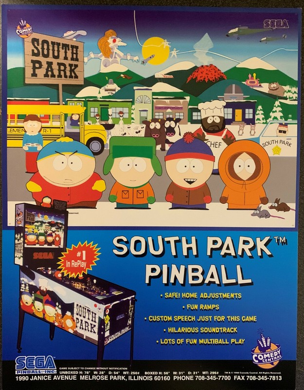 SOUTH PARK Pinball - Stern Pinball Flyer 1998 RARE BACKGROUND VARIANT - Box Ship