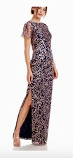 JS Collections Size 8 Women  s Navy Gold Embroidered Long Gown Short Sleeve NWT