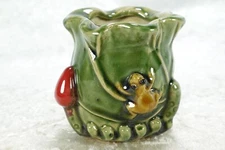 Unusual Green Glazed Pottery Planter With Frog Toad & Red Mushroom