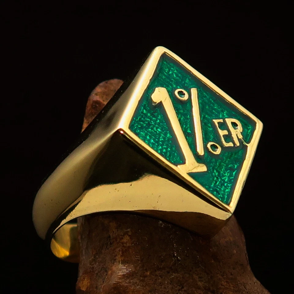 DIAMOND SHAPED MENS BRASS BIKER RING 1% ER ONE PERCENTER SYMBOL GREEN SIZE 11 - Image 3 of 4