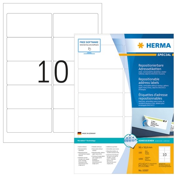 Herma 10307 Repositionierbare Adressetiketten A4 96X50,8 Mm Weiß Movables Papier-image
