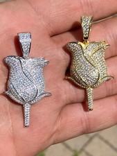 Ladies Solid 925 Sterling Silver Gold Plated Rose Flower Pendant Necklace Icy CZ