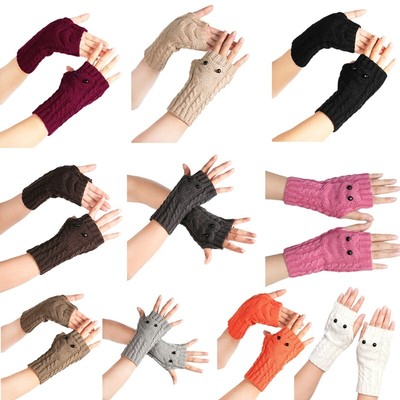 Knitted Fingerless Gloves Owl Pattern Gloves with Thumb Hole Elastic Mittens