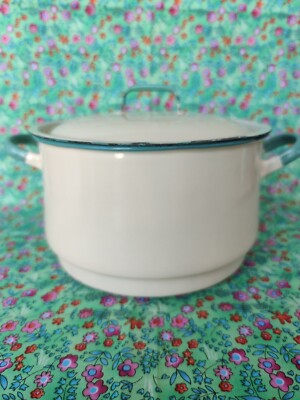  Vintage Kockums Schweden Retro Creme Grün Emaille Geschirr Klein Dampfgarer 