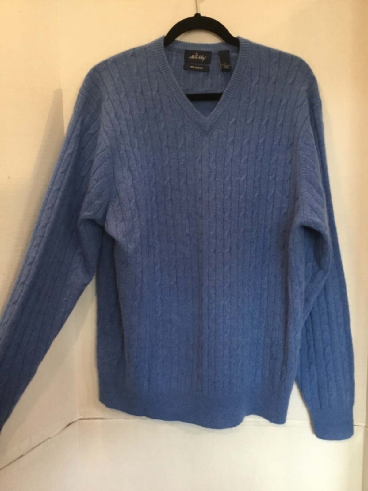 ALLEN SOLLY Blue 100% Cashmere Cable V Neck Luxury Knit Sweater Size Large  L | eBay