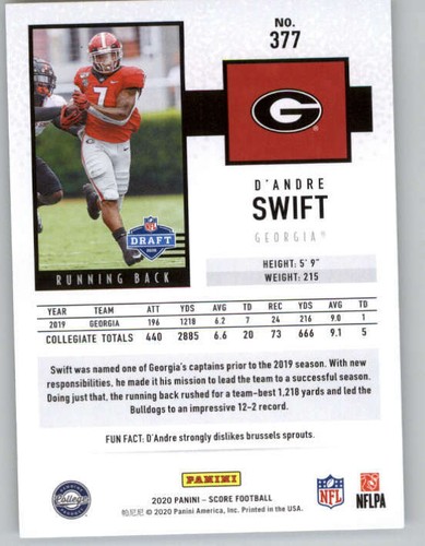 2020 Score #377 D'Andre Swift RC (ref 146530) - Picture 2 of 2