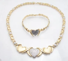 Diamond Cut Hearts & Kisses Bracelet Necklace Set 10K Two-Tone Gold Clad Silver