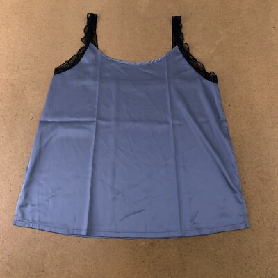 Venus Women's Size Large Grayish Blue Black Lace Trim Satin Sleep Tank NWT
