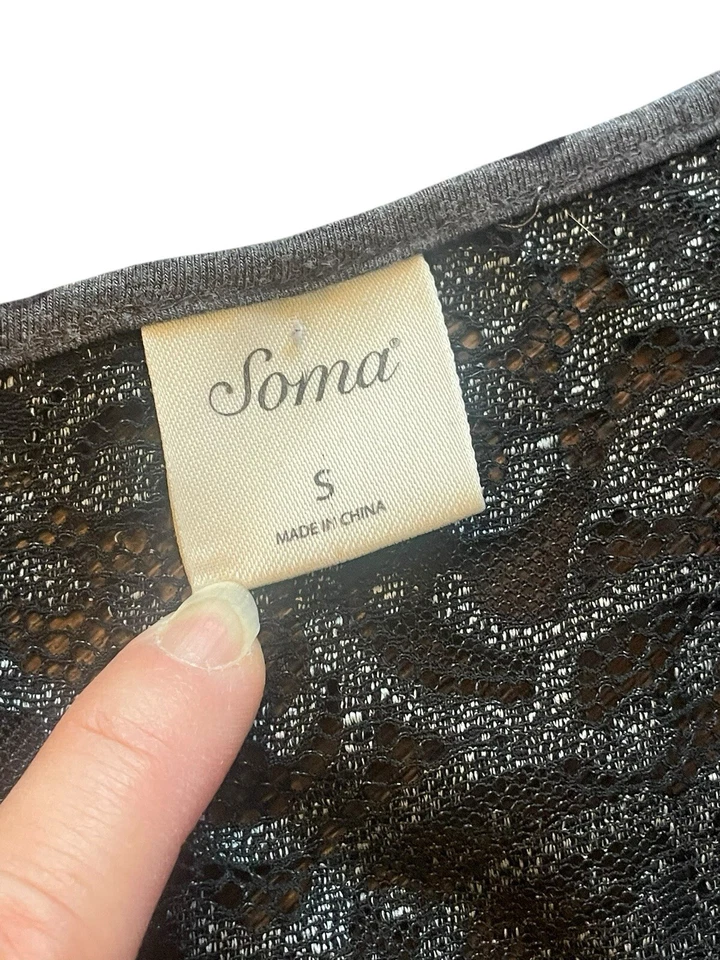 Soma Women’s SMALL Long Sleeve Nightgown Gray Black Polka Dot Lace Trim - Image 2 of 4