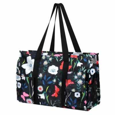 Butterfly Garden Floral Zip Top Utility Tote Beach Diaper Bag 7 Pocket Organizer