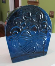 1960's BLENKO Glass Swirling Hearts Bookend Wayne Husted Dark Blue 6 1/2" Tall