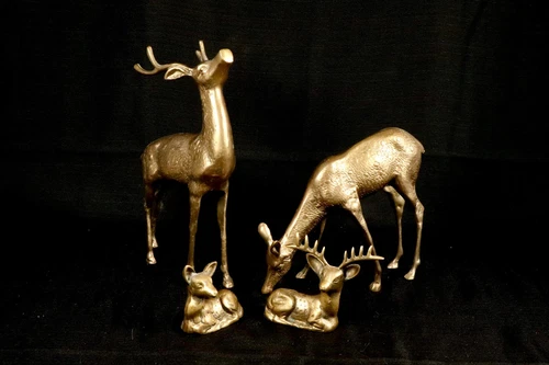 Large Brass Buck and Doe Deer family, Vtg Figurines set of four Decor, 13" tall