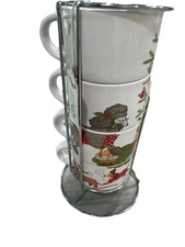 Pier 1 One Christmas Morning Pups Stacking Mugs Stand Dogs Cat  Holiday Cups NEW