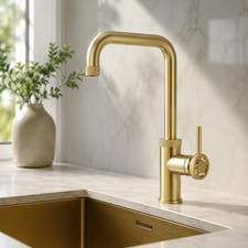 Tempo Brushed Brass Industrial Kitchen Mixer Tap Single Lever Swivel Spout
