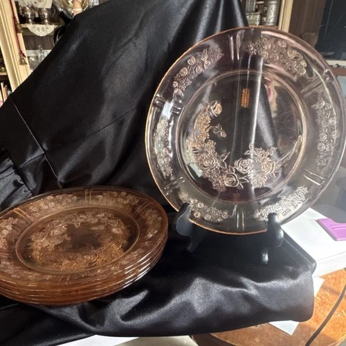 Six Pink depression 1930’s Sharon Cabbage Rose 9” dinner plates